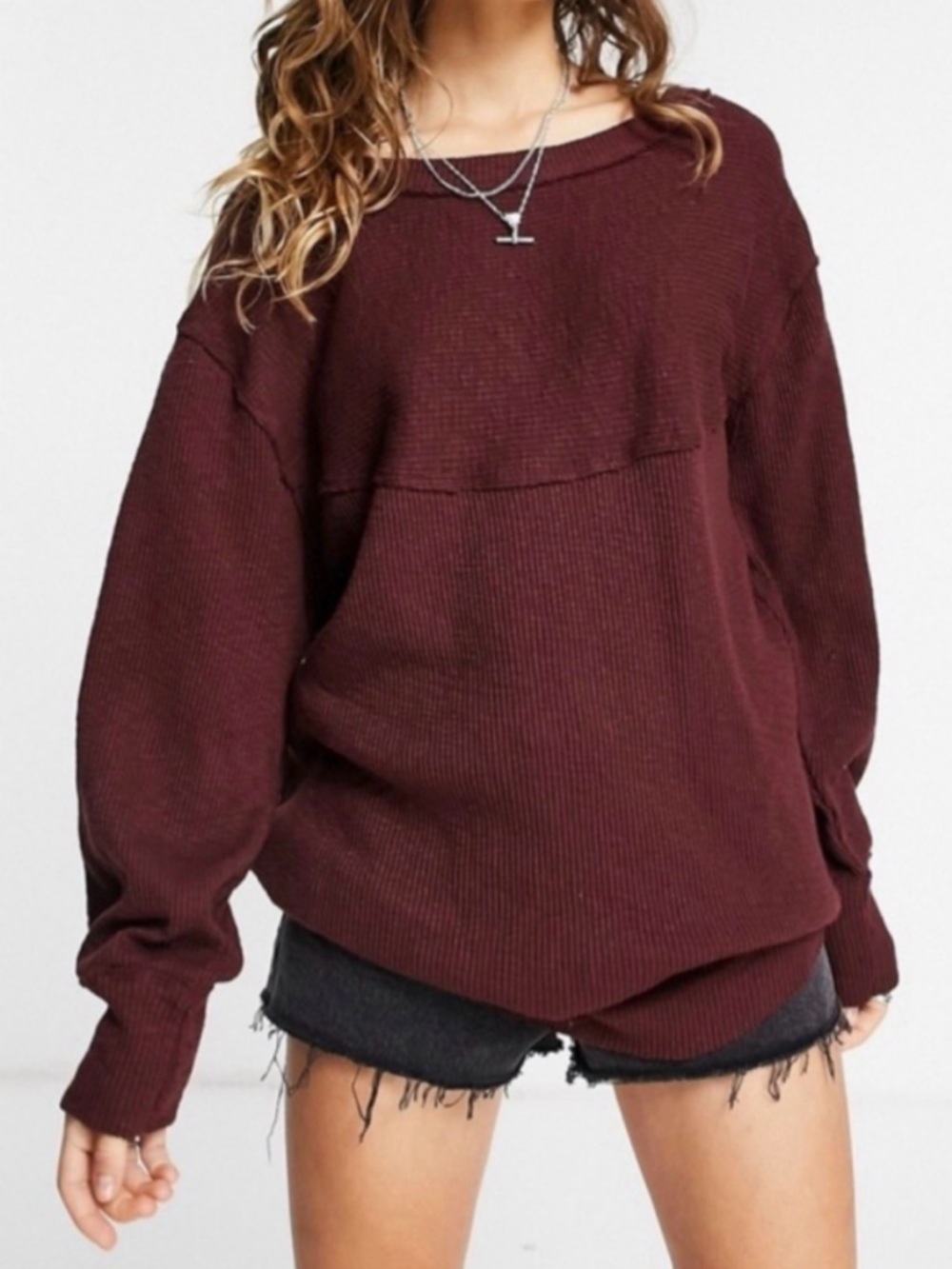 We the Free OG Thermal Pullover Long Sleeve cherry Red Size XS Oversized Ribbed